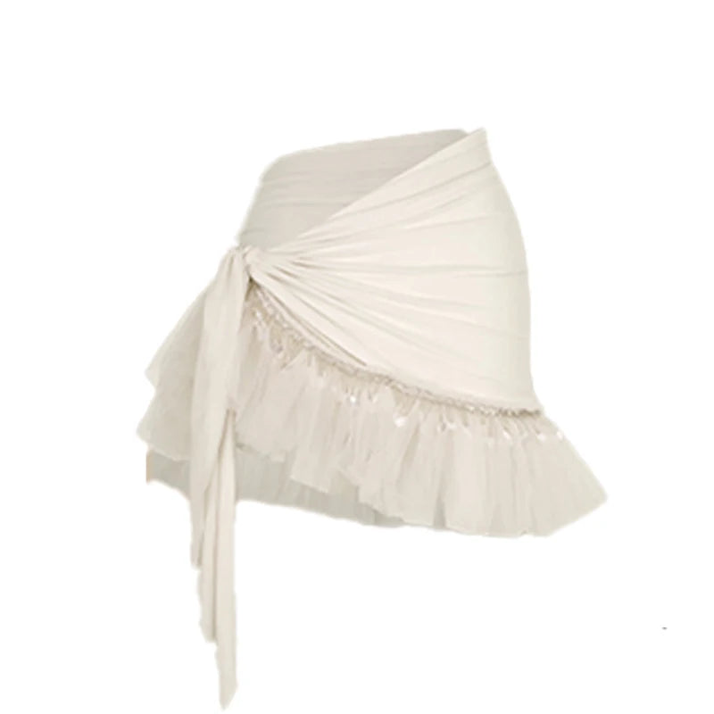 Women's Pink V-Neck Long Sleeve Bodysuit with Ruffled Sequin Wrap Skirt Latin Dance Dress