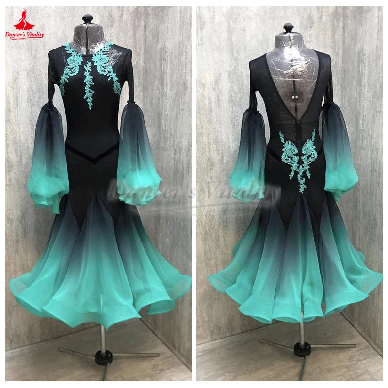 Women's Black and Teal Ombre Ballroom Dance Dress with Mesh Sleeves and Lace Applique