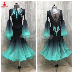 Women's Black and Teal Ombre Ballroom Dance Dress with Mesh Sleeves and Lace Applique