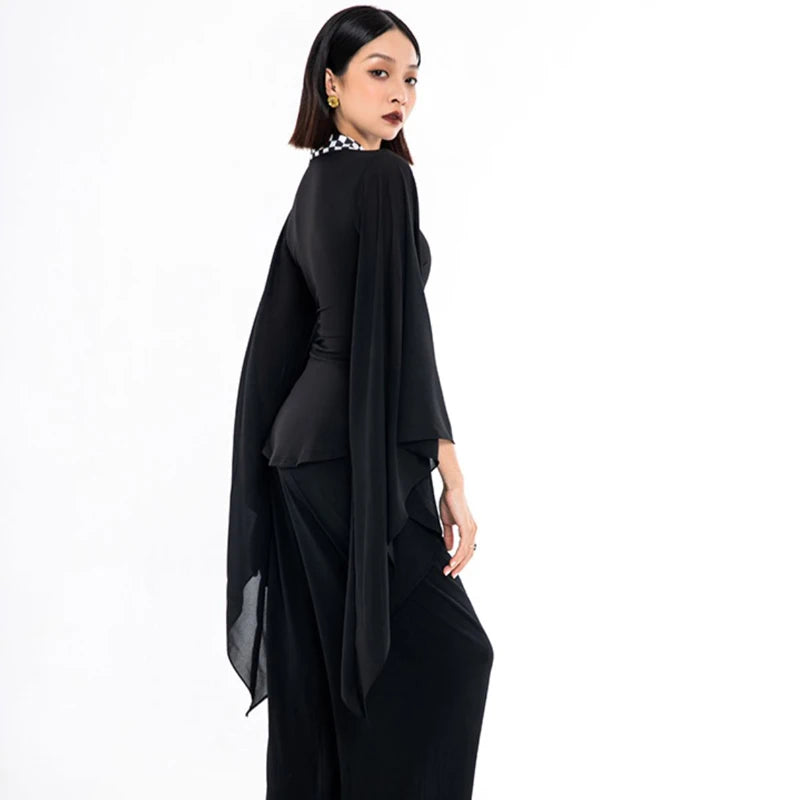 Women's Black Checkered Collar Bell Sleeve Flowy Top & Wide Leg Pants Latin Dancewear