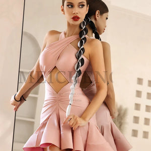 Women's Light Blue Halter Cutout Ruffled Latin Dance Dress with Gloves