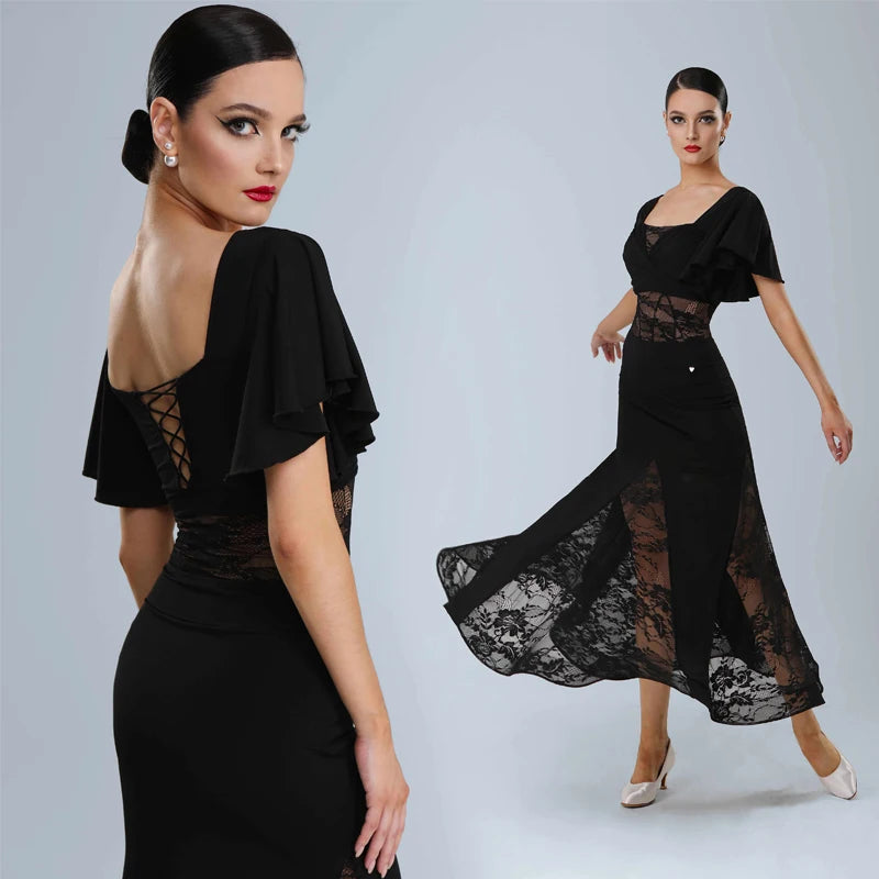 Women's Black Lace Panel Ruffle Sleeve Latin Ballroom Dance Dress
