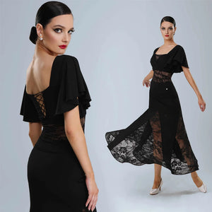 Women's Black Lace Panel Ruffle Sleeve Latin Ballroom Dance Dress