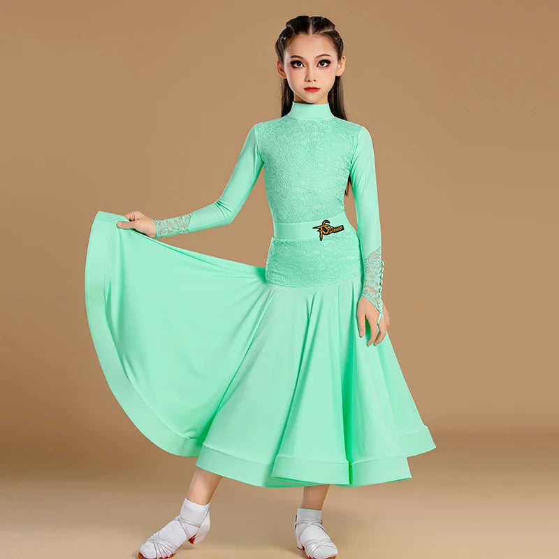 Girls White and Mint Green Lace Long Sleeve Ballroom Dance Dress