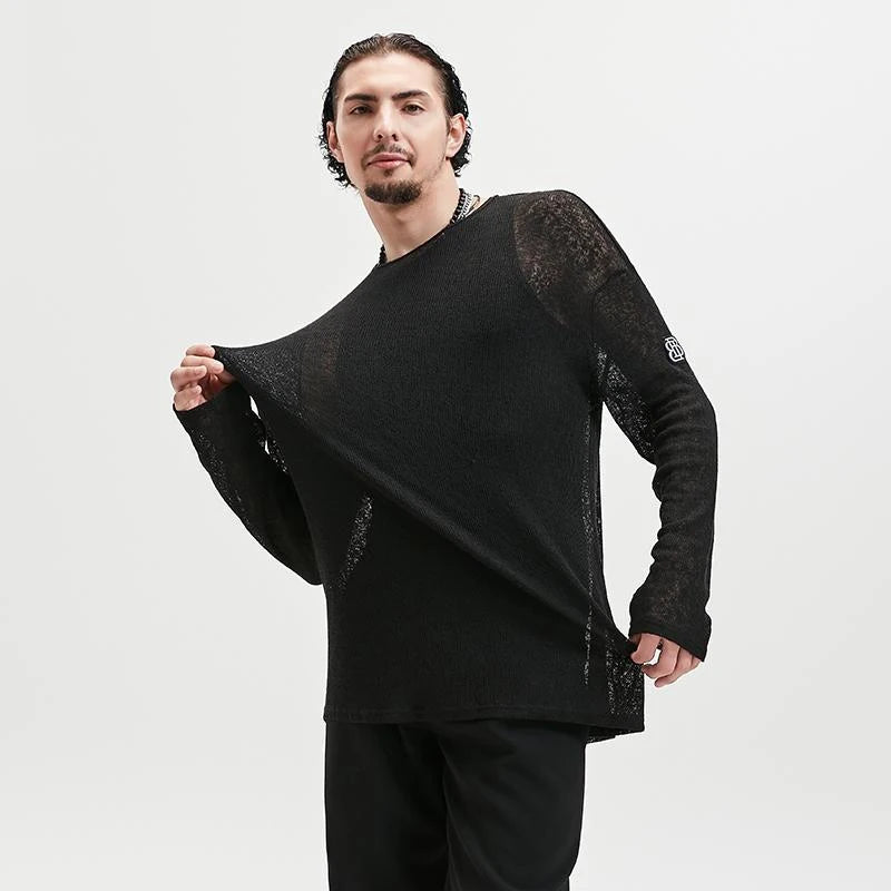 Men's Black Sheer Knit Long Sleeve Loose Fit Dance Top