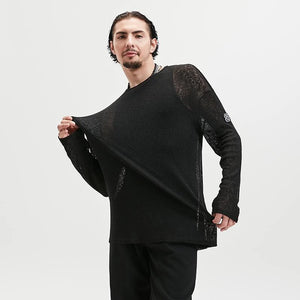 Men's Black Sheer Knit Long Sleeve Loose Fit Dance Top