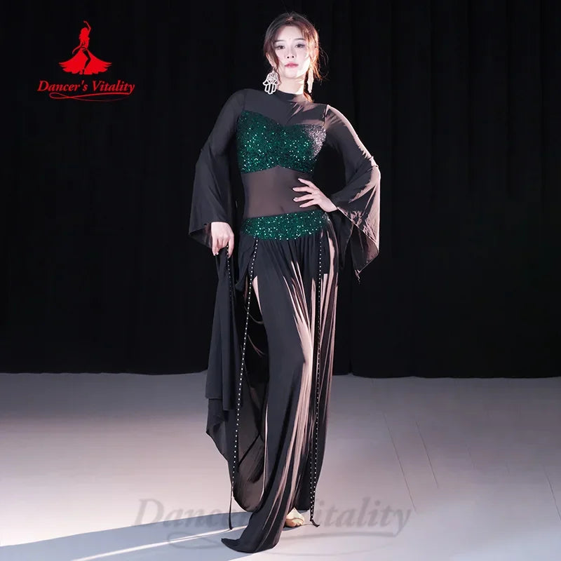 Belly Dance Costume Women's Black Sequin Mesh Long Sleeve Top & Slit Skirt Set for Performance
