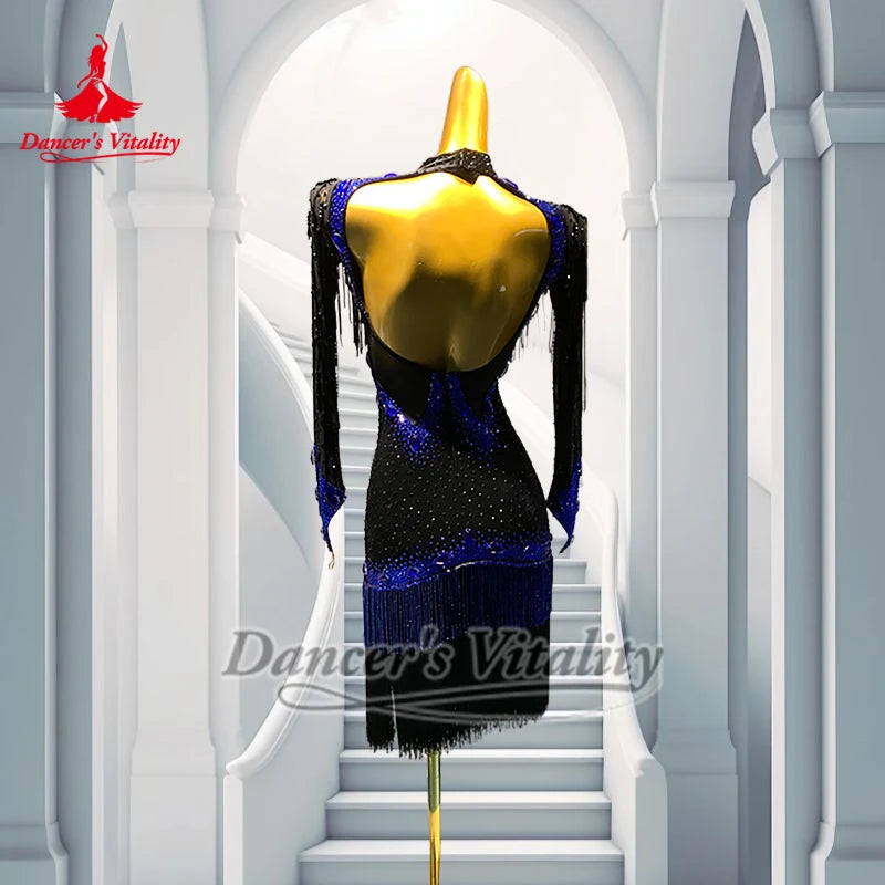 Latin Dance Dress Women's Black and Blue Beaded Fringe Backless Rhinestone Salsa Rumba Cha Cha Costume