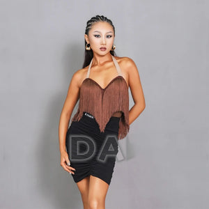 Latin Dance Dress Women's Black/Red/Brown/Beige Fringe Halter Ruched Mini Dress