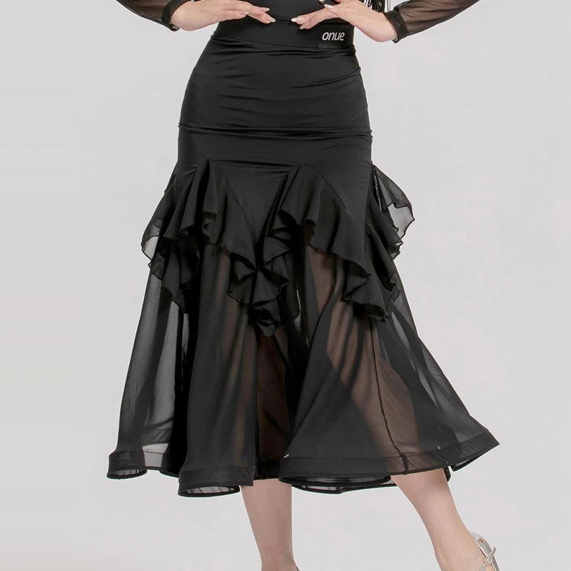 Women Black Mesh Fringe Ruffle Latin Dance Dress