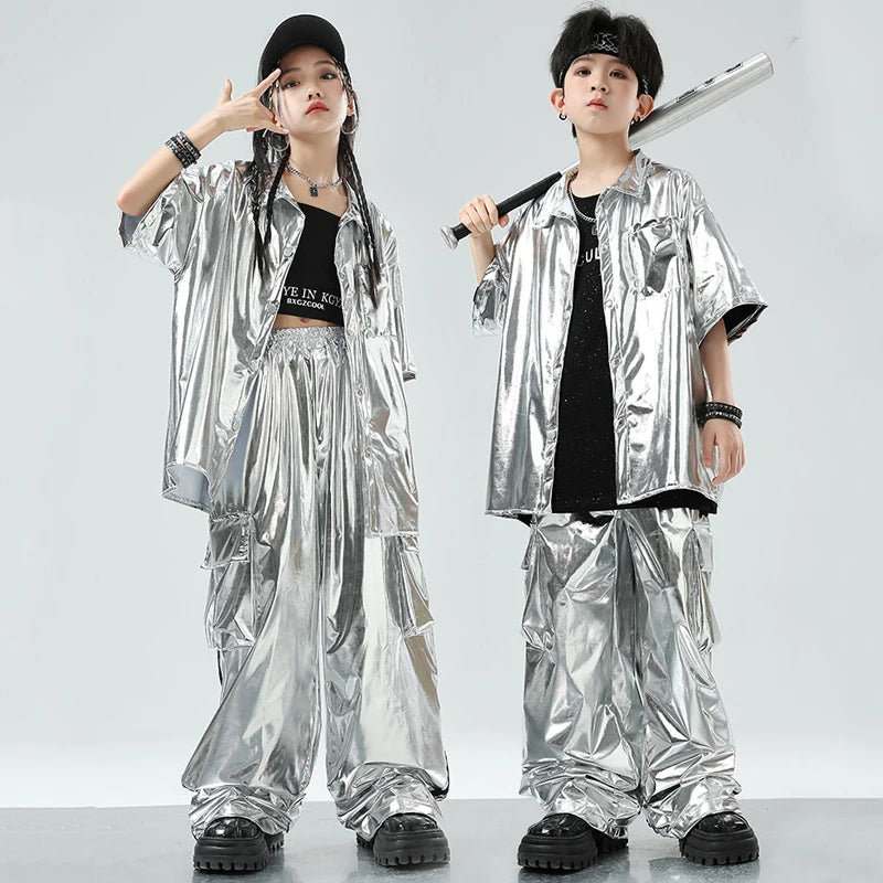 Kids' Silver Metallic Hip Hop Dance Costume Set, Loose Fit Short Sleeve Shirt & Cargo Pants