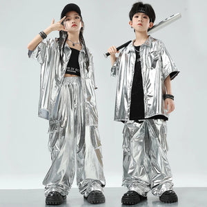 Kids' Silver Metallic Hip Hop Dance Costume Set, Loose Fit Short Sleeve Shirt & Cargo Pants