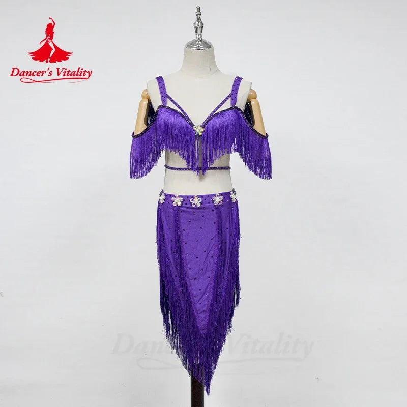 Women's Hot Pink Fringe Sequin Asymmetrical Skirt Latin Dance Dress