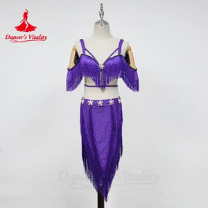 Women's Hot Pink Fringe Sequin Asymmetrical Skirt Latin Dance Dress