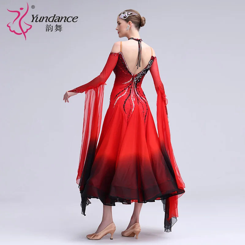 Women's Ballroom Standard Dance Dress Ombre Chiffon Red Black For Performance