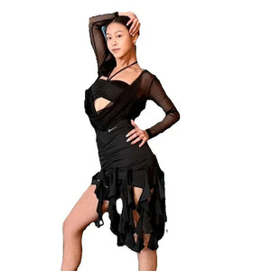 Women's Black Mesh Long Sleeve Ruched Cutout Latin Dance Dress with Ruffled Skirt