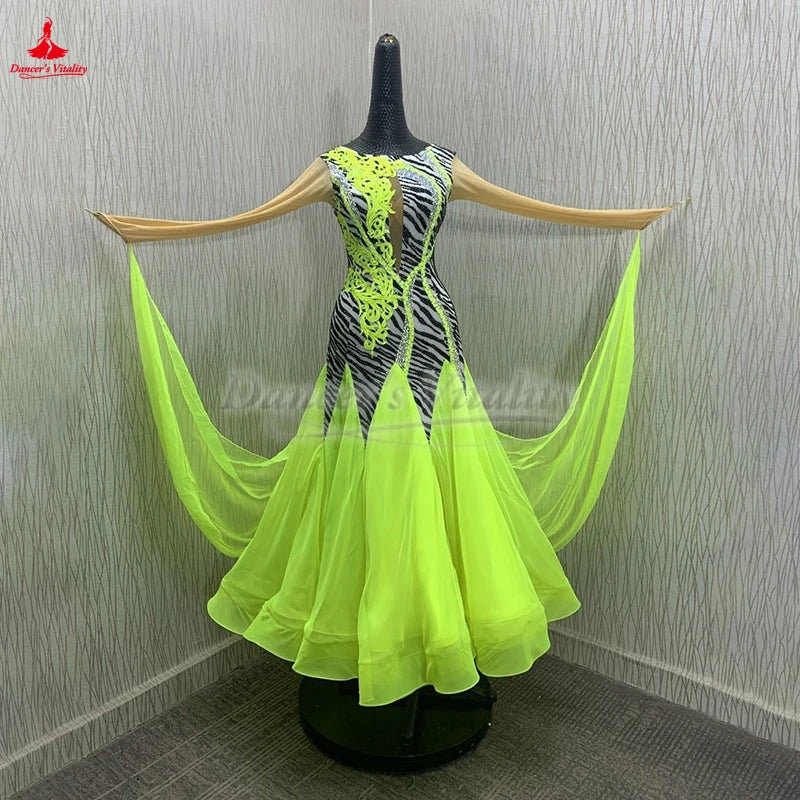 Ballroom Dance Dress Women's Black & White Zebra Print with Neon Yellow Lace & Chiffon Panels, Long Sleeve Standard Smooth