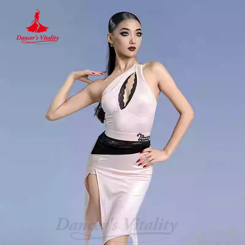 Women's Purple One-Shoulder Asymmetrical Slit Latin Dance Dress with Black Sash