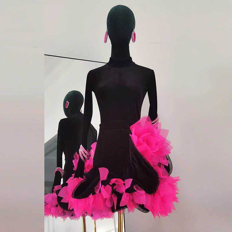 Women's Black Velvet Latin Dance Dress with Hot Pink Ruffles and Rhinestone Details