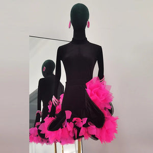 Women's Black Velvet Latin Dance Dress with Hot Pink Ruffles and Rhinestone Details