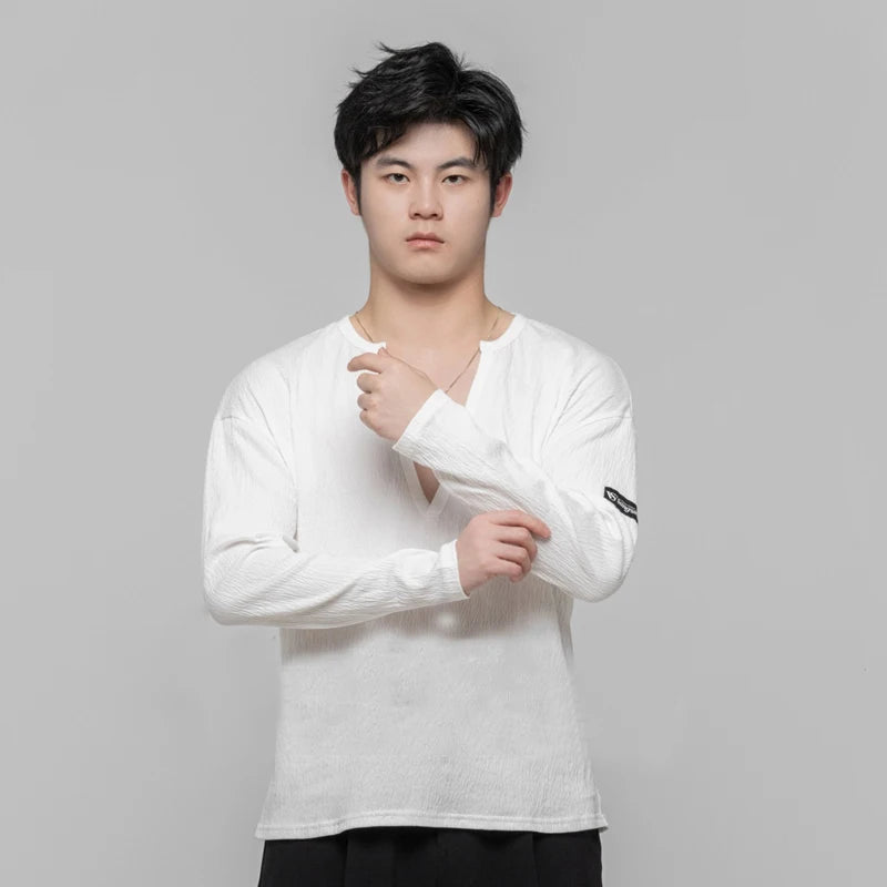 Men's Black & White V-Neck Long Sleeve Textured Latin Dance Shirt