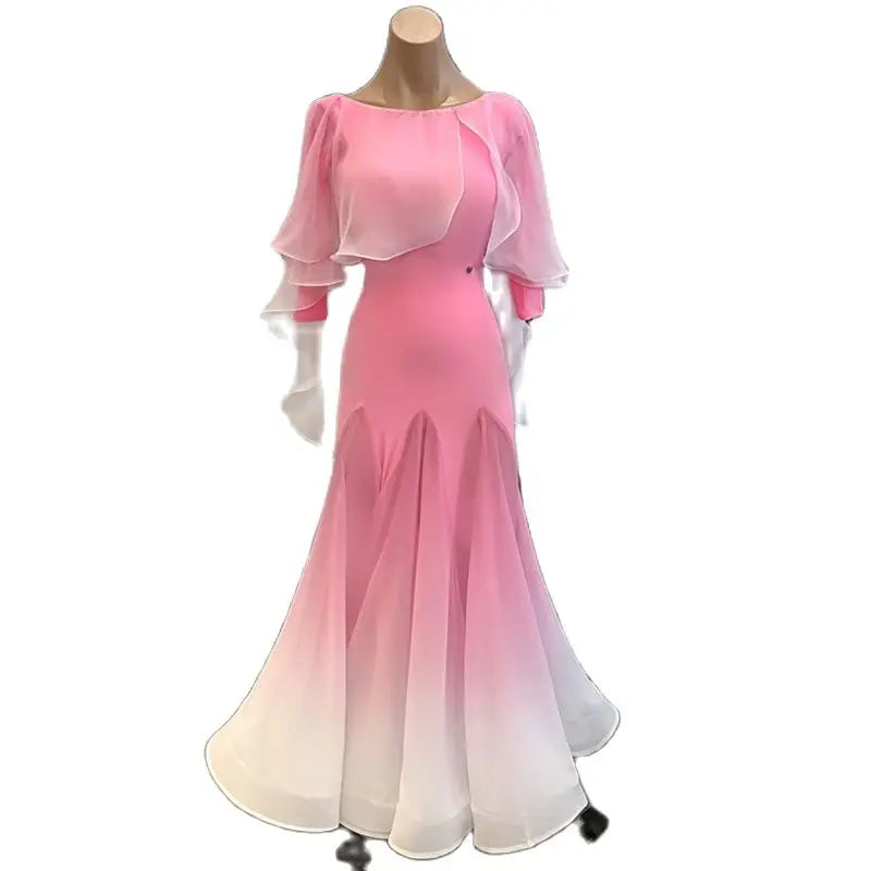 Ballroom Dance Dress Women Pink Ombre Chiffon & Spandex Long Sleeve Cape Back Ribbon Tie Standard Smooth Foxtrot Waltz Tango