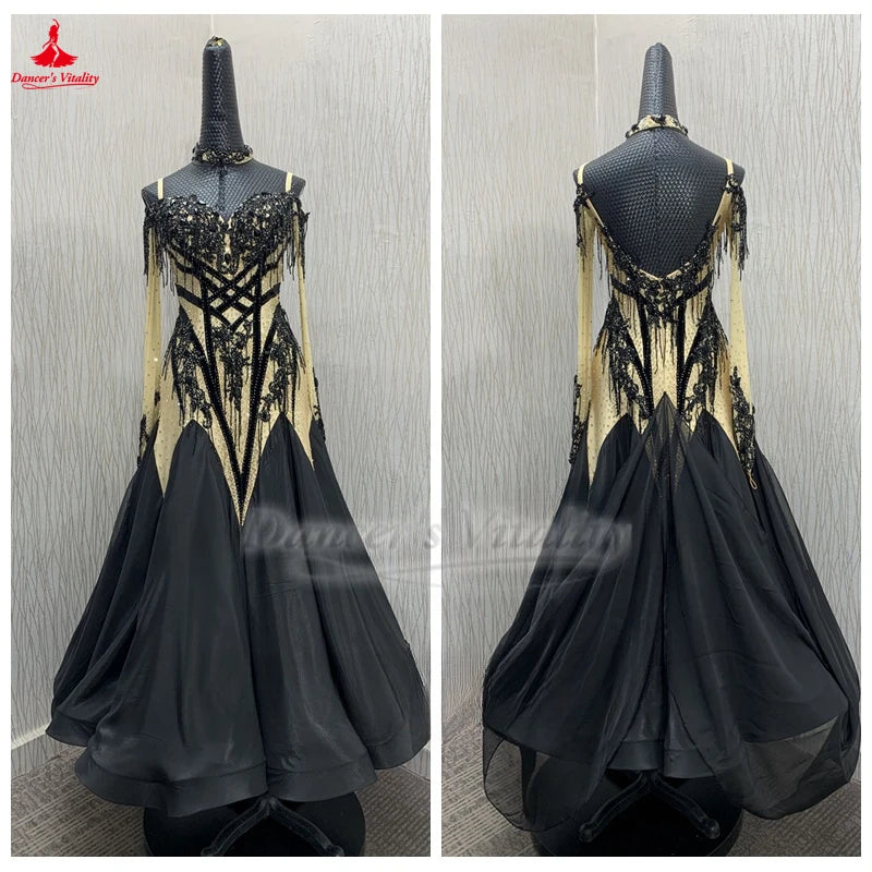 Ballroom Dance Dress Women's Black & Gold Beaded Fringe Long Sleeve Standard Smooth Competition Gown
