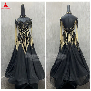 Ballroom Dance Dress Women's Black & Gold Beaded Fringe Long Sleeve Standard Smooth Competition Gown