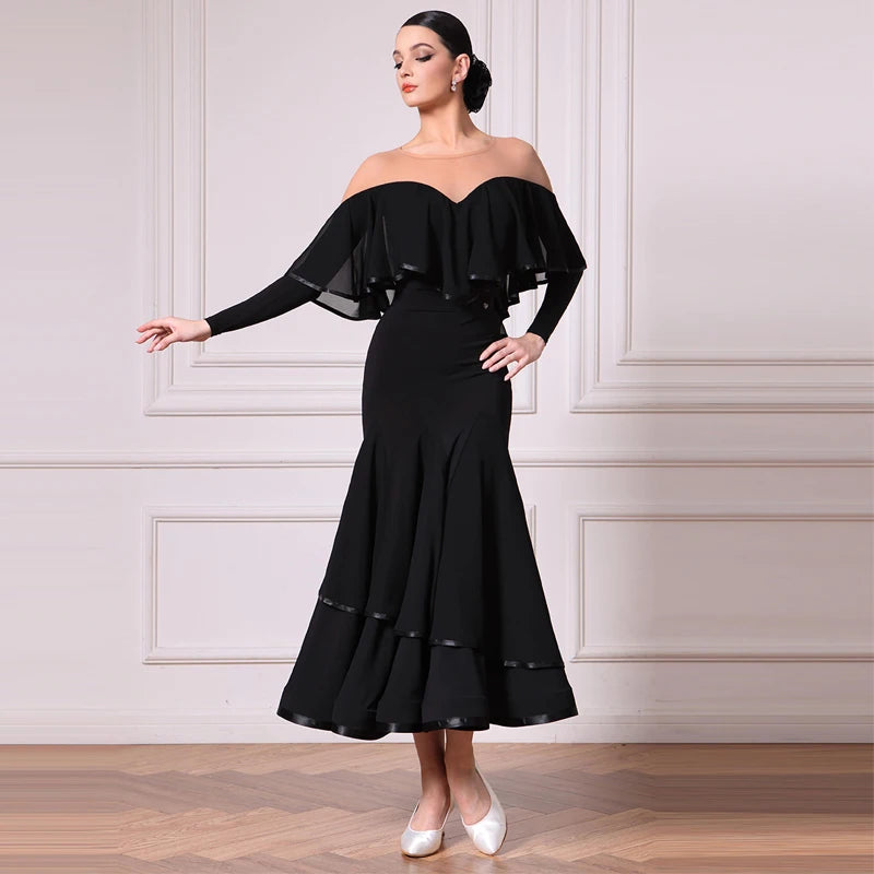 Women's Black Off-Shoulder Ruffled Long Sleeve Ballroom Dance Dress with Tiered Skirt