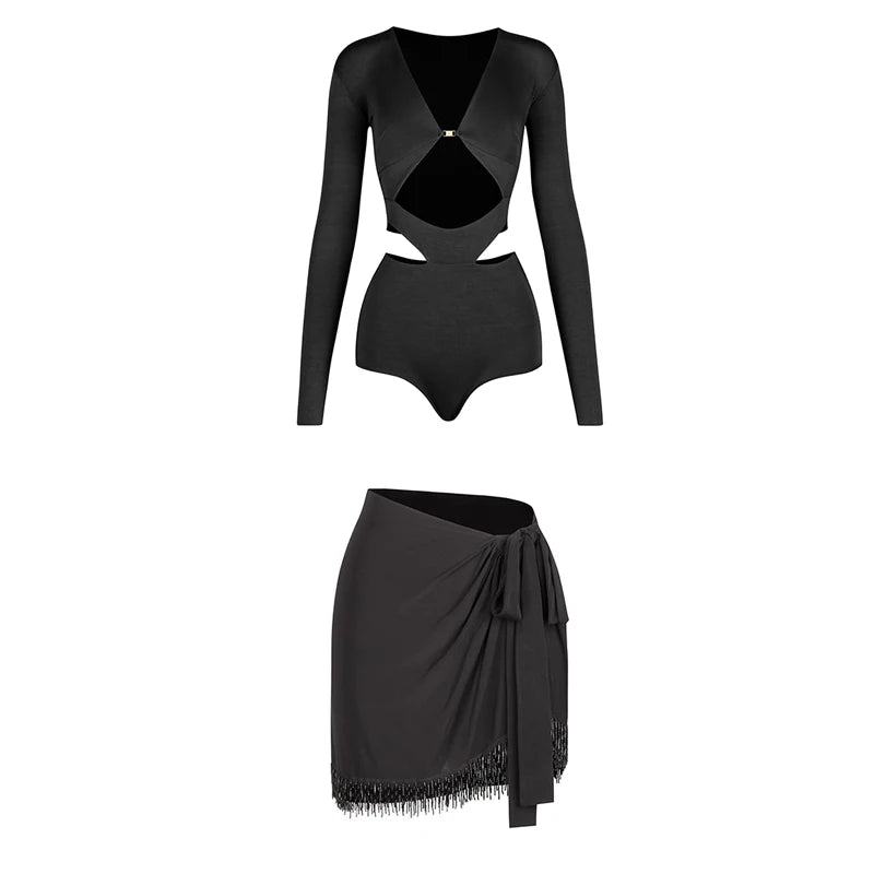 Women's Olive Green Long Sleeve Cutout Bodysuit with Gold Buckle, White Fringe Tie-Waist Skirt, Latin Dancewear