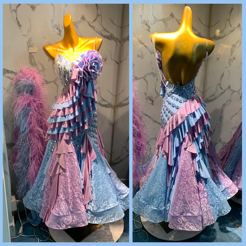 Ballroom Dance Dress, Women's Lavender Sky Blue Ruffled Floral Lace Rhinestone Latin Salsa Competition Gown
