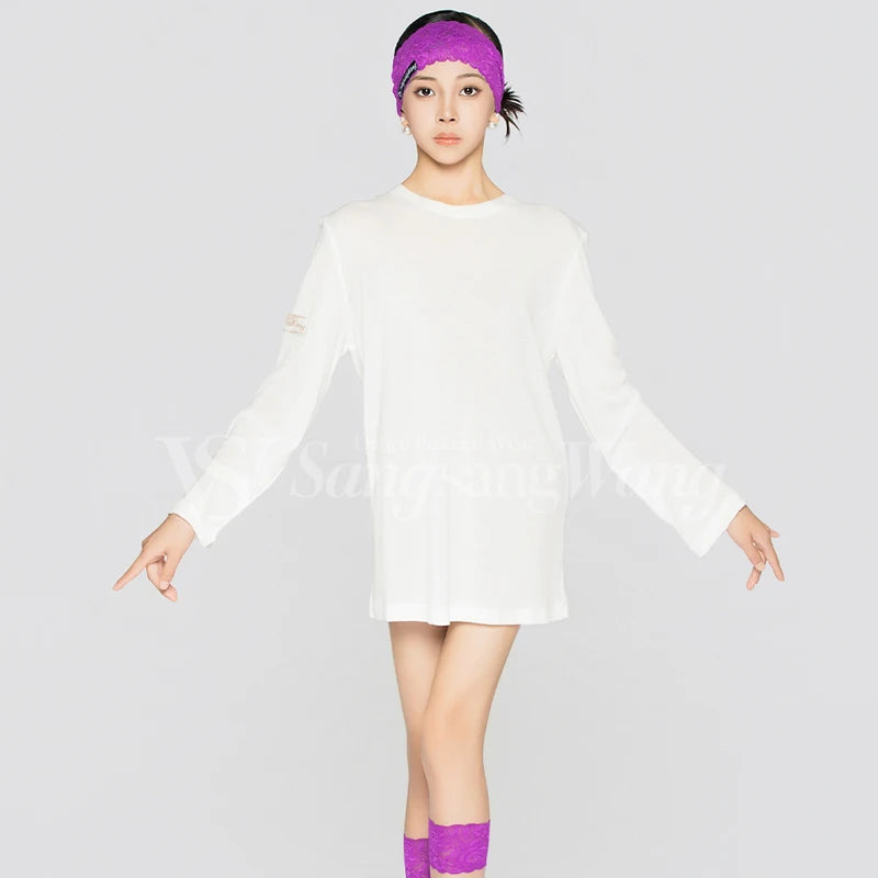 Women's White Long Sleeve Oversized Dance Tunic with Lace Belt & Fishnet Tights, Ballroom