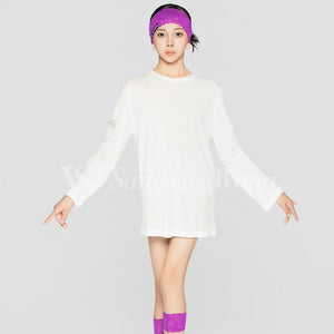 Women's White Long Sleeve Oversized Dance Tunic with Lace Belt & Fishnet Tights, Ballroom