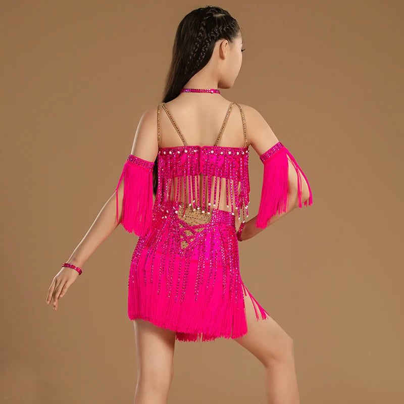 Girls' Hot Pink Sequin Fringe Latin Dance Costume Set with Headpiece and Armbands