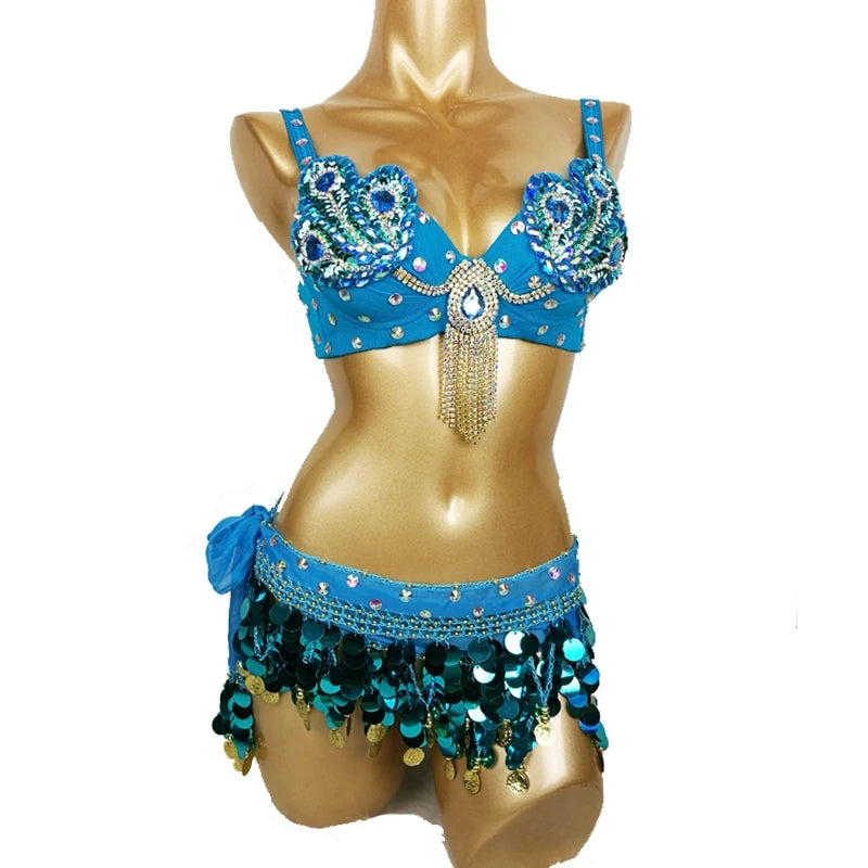 Women's Blue Sequin Beaded Fringe Belly Dance Costume Bra and Belt Set