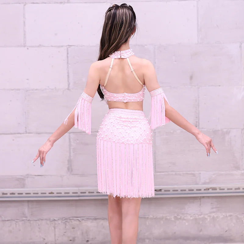 Women's Pink Sequin Pearl Fringe Halter Crop Top and Skirt Latin Dance Costume