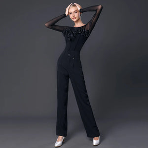 Women's Black Mesh Long Sleeve Bodysuit with Floral Ruffles & Back Buttons, Ballroom Dance