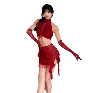 Latin Dance Dress Women's Red Halter Crop Top and Asymmetrical Fringe Skirt Set with Lace Gloves
