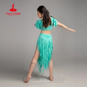 Girls Aqua Belly Dance Costume, Ruffled Crop Top, Fringe Skirt with Slit, Performance Wear