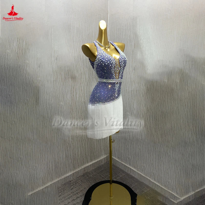 Adult Latin Ballroom Dance Dress With AB Rhinestones And Tassels For Competition