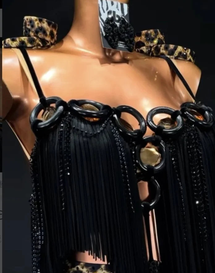 Women's Black Fringe Latin Dance Dress with O-Ring Detail and Leopard Print Accents