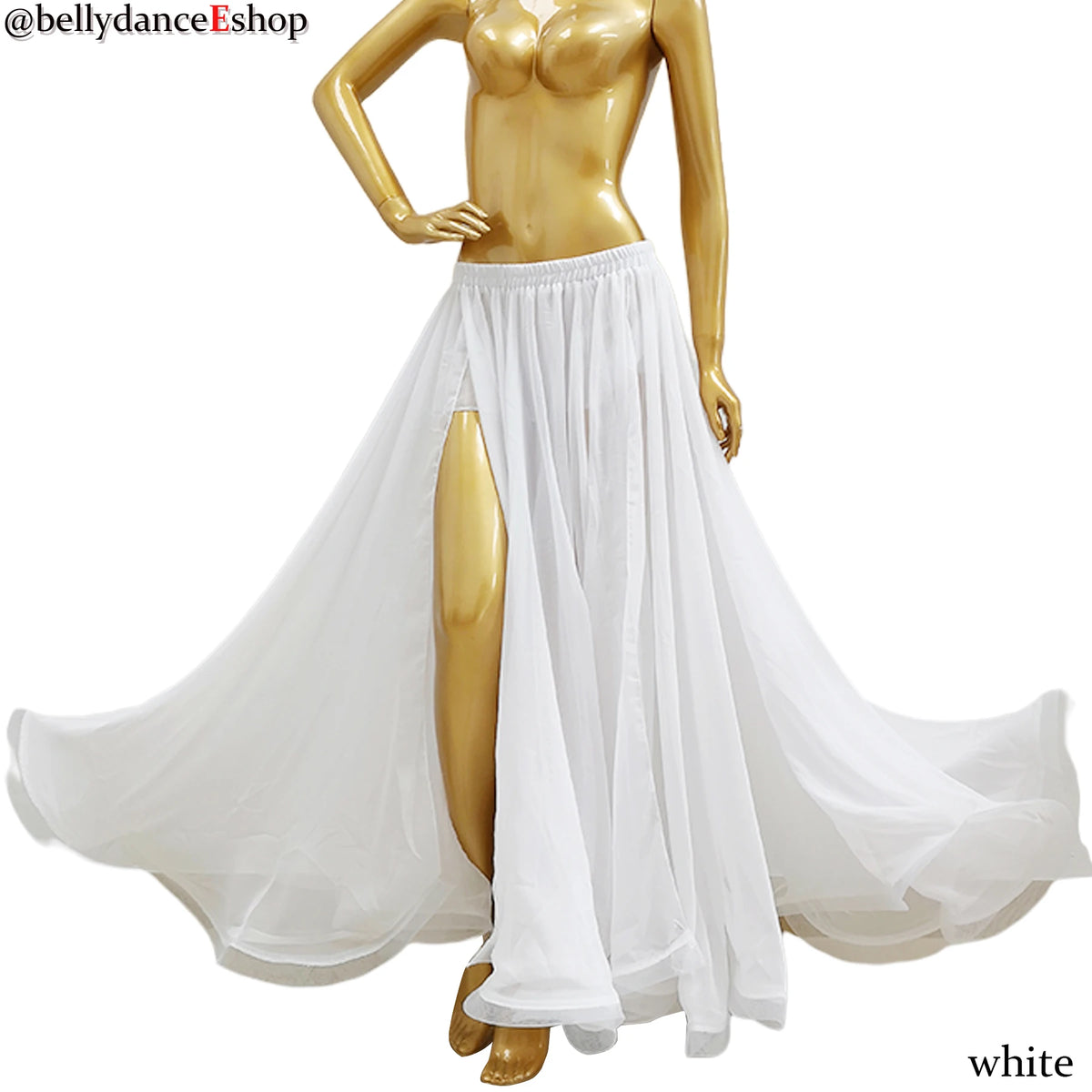 Belly Dance Women's Yellow Chiffon Full Circle Skirt with Gold Trim, Slit Design