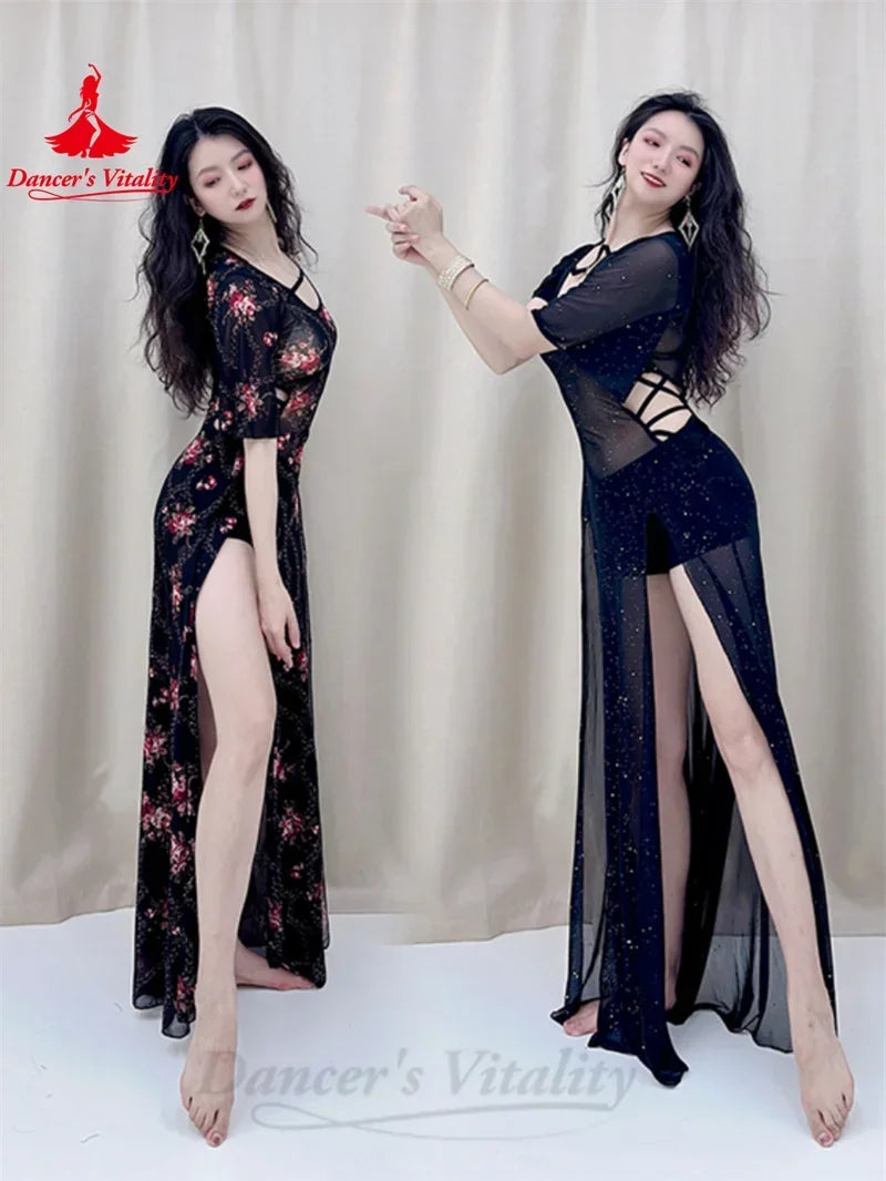 Women's Black Sparkle Mesh Cutout Slit Skirt Belly Dance Dress