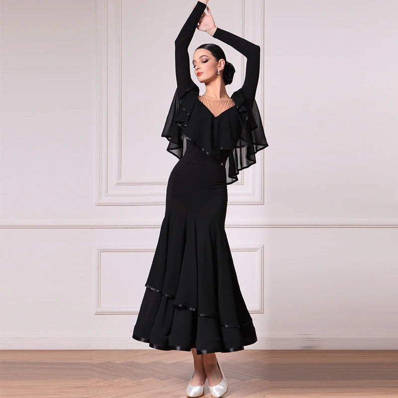 Women's Black Off-Shoulder Ruffled Long Sleeve Ballroom Dance Dress with Tiered Skirt