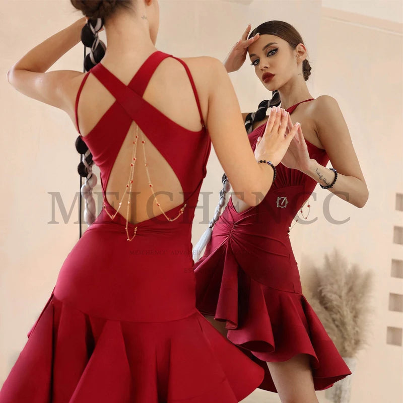 Women's Light Blue Halter Cutout Ruffled Latin Dance Dress with Gloves