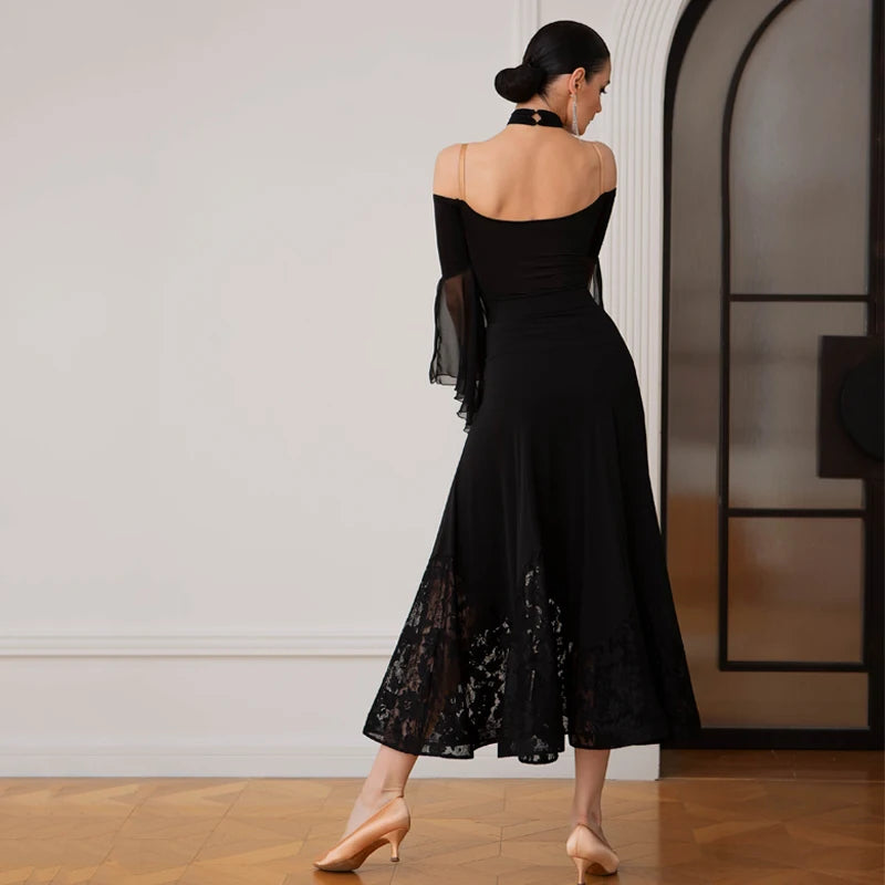 Women's Black Cold Shoulder Mesh Sleeve Lace Hem Ballroom Dance Dress