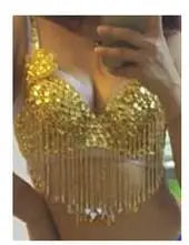Women's Blue and Gold Sequin Beaded Fringe Belly Dance Bra Top
