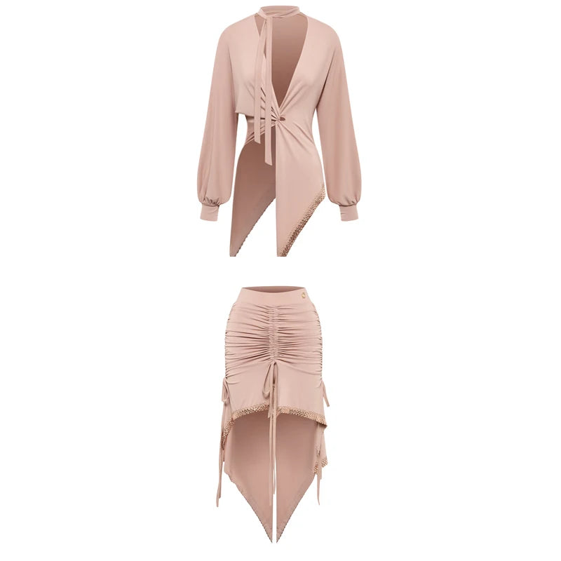 Women's Pink Ruched Asymmetrical Latin Dance Dress with Long Sleeves and Bralette Top