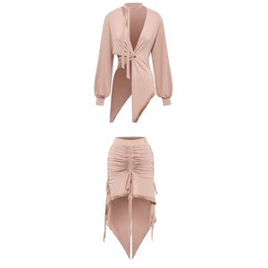 Women's Pink Ruched Asymmetrical Latin Dance Dress with Long Sleeves and Bralette Top