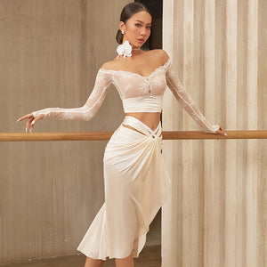 Women's Black Lace Off-Shoulder Crop Top & Satin Cutout Ruched Skirt Latin Dance Dress